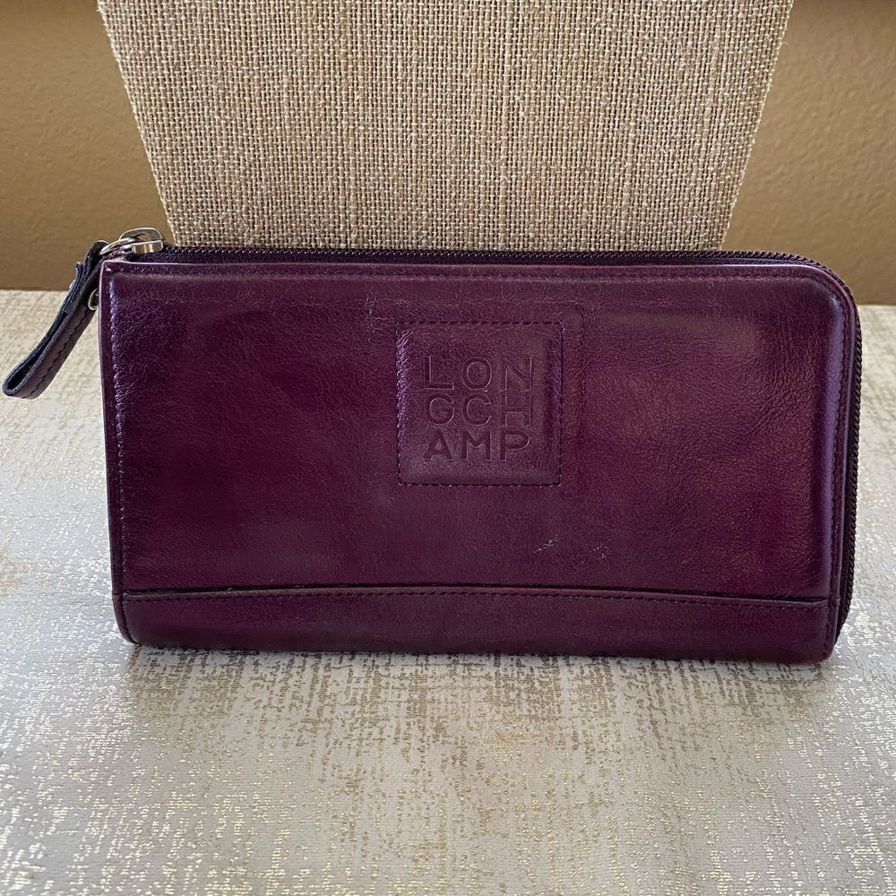 Longchamp Leather Purple Metallic Zip Around Long Wallet. VGUC!